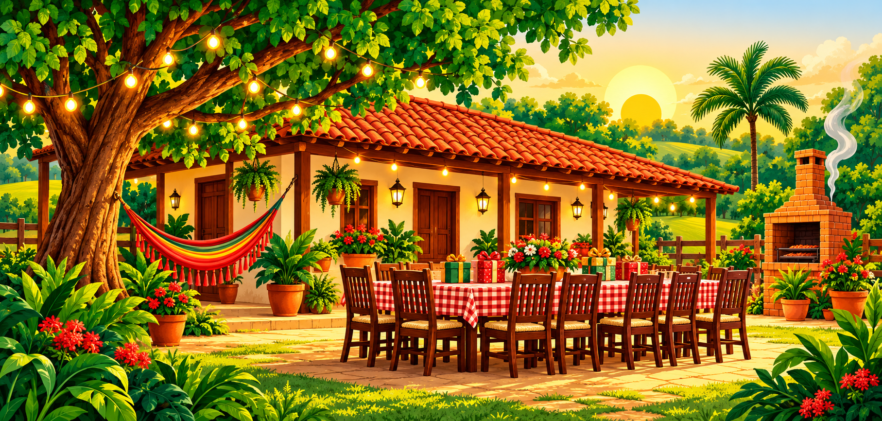 Casa de campo iluminada para uma celebração com presentes e mesa ao ar livre